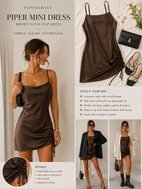 Peppermayo Piper Mini Dress Brown Satin Slip Lace Underlay NWT Size 6